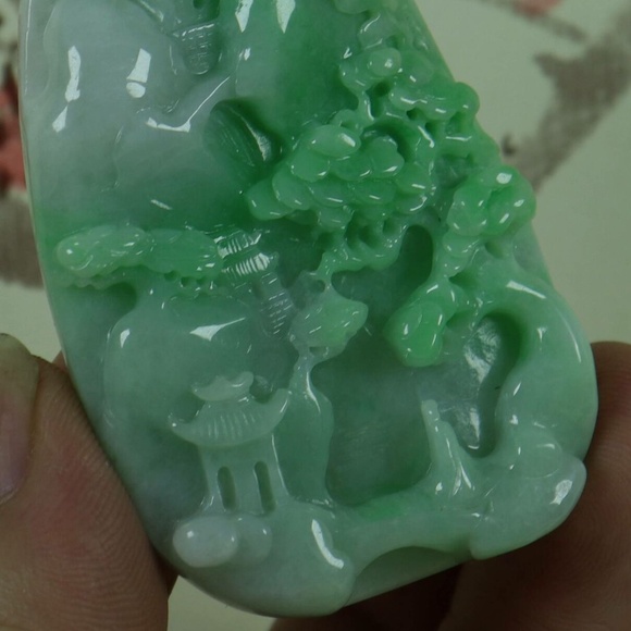 Cert'd Green Natural A Jade jadeite Pendant Carved Landscape 山水 - Picture 3 of 8